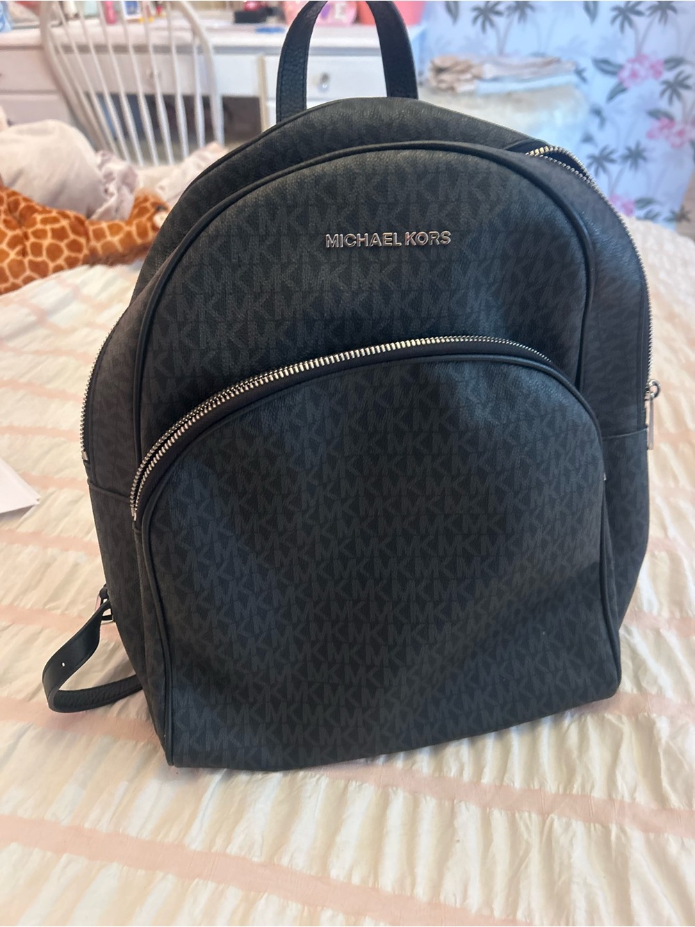 Michael Kors Black MK Logo Backpack with Silver Hardware